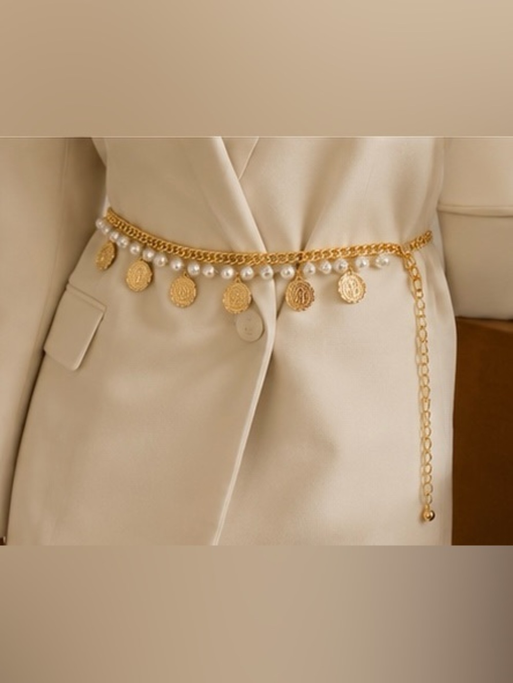 Gold Coin & Pearl Chain Waist Belt | Vintage Luxe Body Chain | Adjustable Boho - Picture 3 of 5
